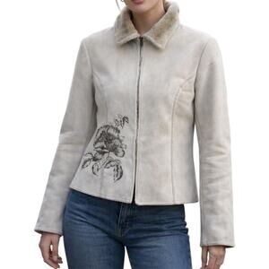 VTG The Limited Floral Print Coat Jacket Fur Lined Collared Faux Suede White L